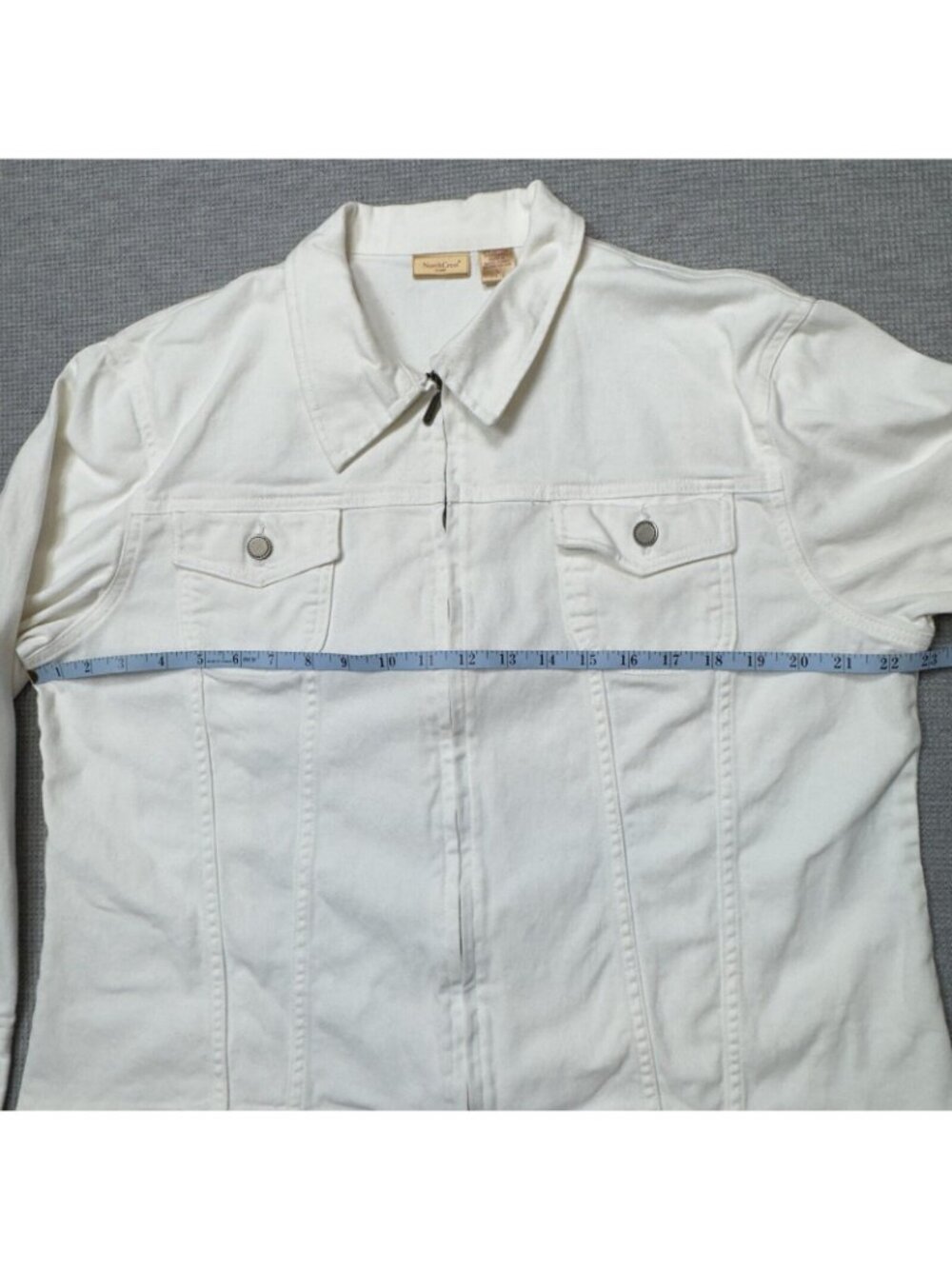 NorthCrest Denim Jacket Womens Sz Large White Full Zip Long Sleeve Chest Pockets - Picture 11 of 16